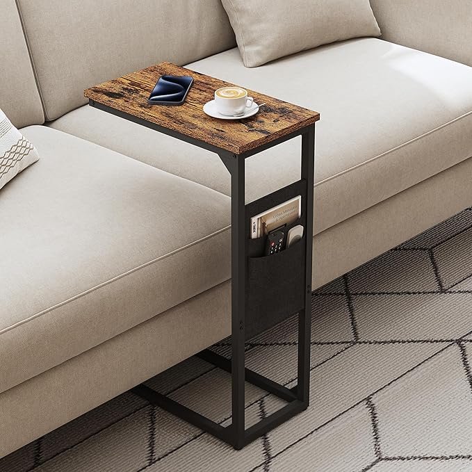 TUTOTAK C Shaped End Table, Side Table for Couch, Sofa Table with Storage Bag, TV Tray for Living Room, Bedroom, Brown TB01BB0822