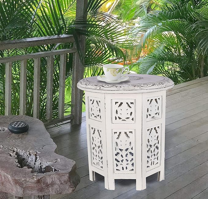 The Wooden Town Handcrafted White Wood End Table - Antique Finish, Small Accent Table 18"x18" for Living Room, Bedroom, Sofa Side or Nightstand Use