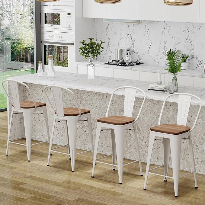 Changjie Furniture 26 Inches Bar Stools, Counter Height Bar Stools with Back Modern Barstools Bar Chairs Set of 4 for Kitchen (26 Inch, White)
