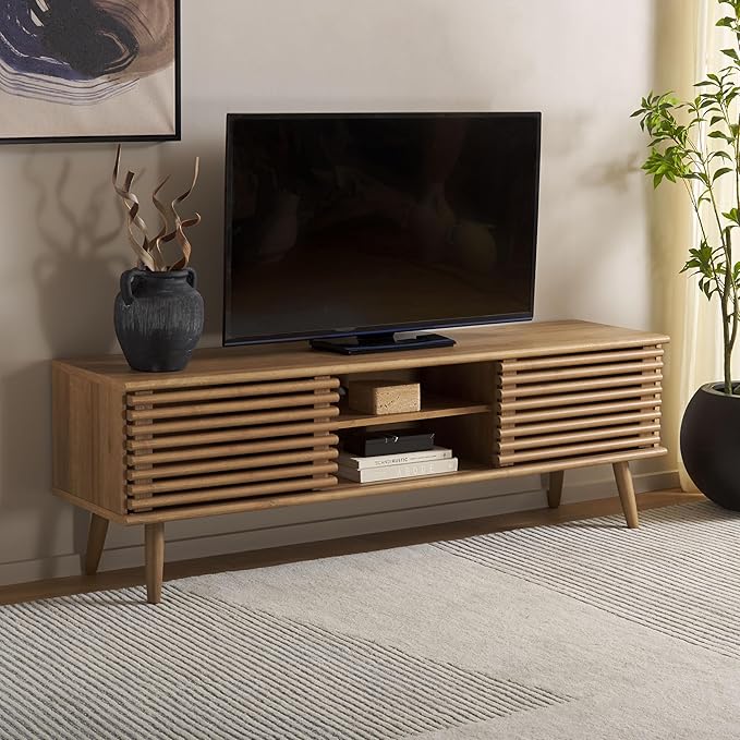 SAFAVIEH Averi TV Stand for up to 65" Flatscreen – Rustic Oak, 2 Sliding Doors with Interior Storage, 2 Open Shelves, Entertainment Media Console (MED9637C)