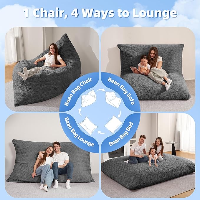 HABUTWAY 4 in 1 Bean Bag Chair, Giant Memory Foam Filling Bean Bag Sofa, Adult Bean Bag Chair, Machine Washable Faux Fur Cover, Bean Bag for Adult (Grey)