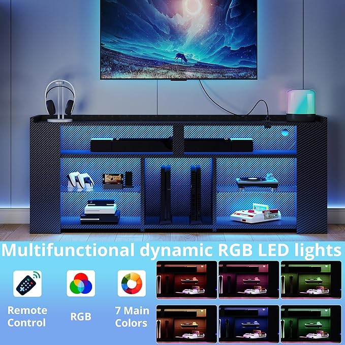 IRONCK Entertainment Center with Storage, 55 Inch Tall TV Stand W/Power Outlet, LED Gaming TV Cabinet for PS4, Black TV Stand with Carbon Fiber