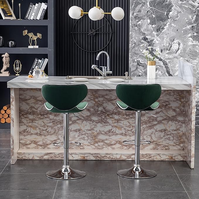 Roundhill Furniture Masaccio Velvet Upholstered Adjustable Swivel Barstool, Set of 2, Green