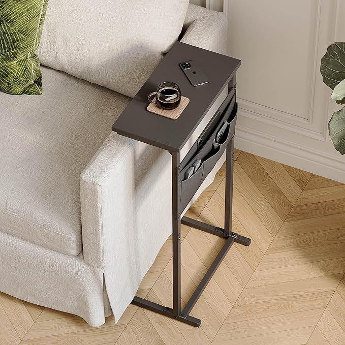 C Shaped End Table, Side Table for Sofa, Small TV Tray, Couch Table with Storage Bag for Small Space, Living Room, Bedroom, Home Office LET501B (Black)