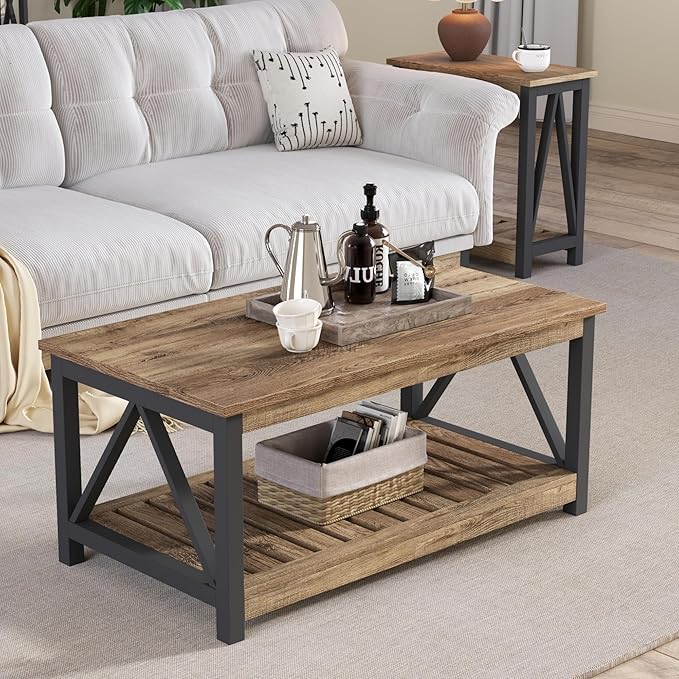 ChooChoo Farmhouse Coffee Table with 2-Tier Storage, 40-Inch Rectangular Wooden Center Table for Living Room, Rustic Oak & Black