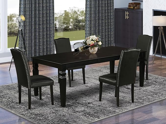 East West Furniture LGEN5-BLK-69 5 Piece Dining Table Set Includes a Rectangle Dining Room Table with Butterfly Leaf and 4 Black Faux Leather Parsons Chairs, 42x84 Inch, Black
