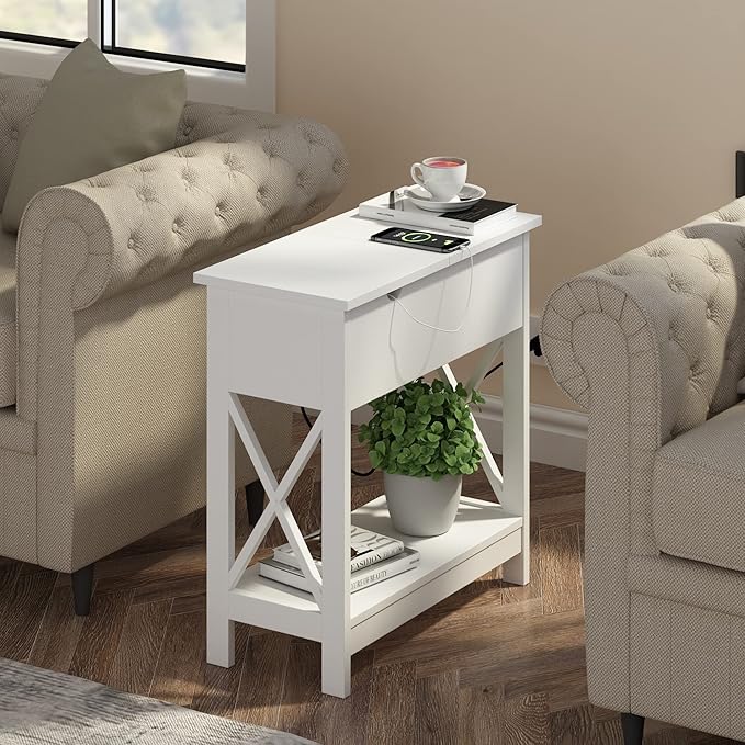 ChooChoo End Table with Charging Station, Narrow Flip Top Side Table with USB Ports & Power Outlets for Small Spaces, Nightstand Sofa Table for Living Room, Bedroom, White, 2 Pack