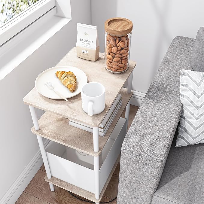 Small Side Table with Charging Station, Set of 2 End Table for Small Spaces, Slim Nightstand with Outlet,Sofa Beside Table, 3-Tier Storage Shelf,Living Room, Bed Room, Natrual Oak