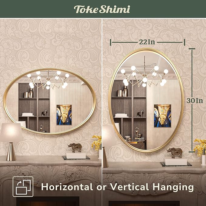 TokeShimi Gold Oval Wall Bathroom Mirror 22x30 Inch with Non-Rusting Aluminum Alloy Brushed Matte Framed Bathroom Mirror for Wall Vanity Farmhouse Modern Minimalist Home Decor or Horizontal