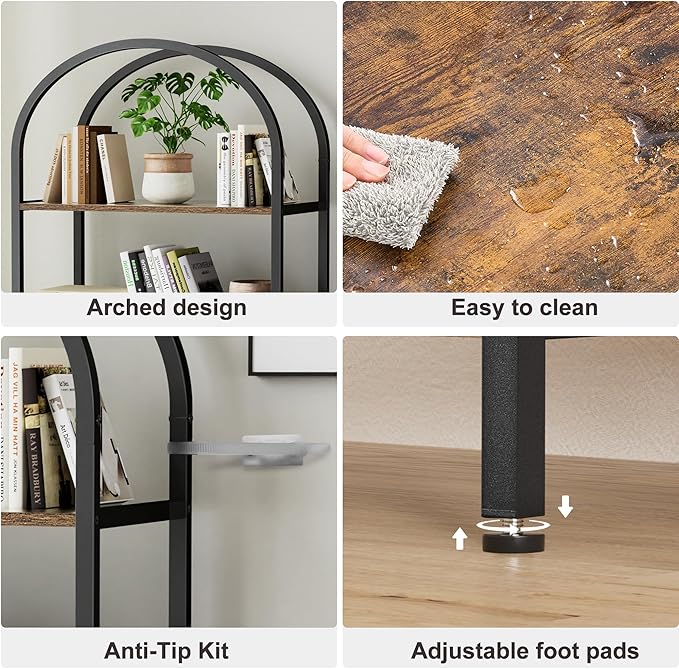 Homhedy 6-Tier Bookshelf Arched Display Racks, Wood and Metal Bookcase, Tall Bookshelf, Industrial Display Standing Shelf Unit, for Home Office, Living Room, Bedroom, Bathroom, Rustic Brown