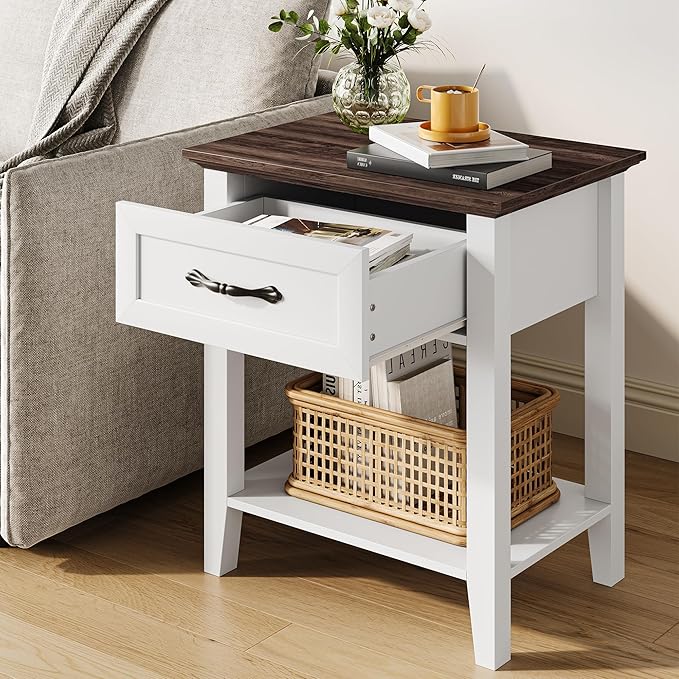 IDEALHOUSE Nightstand, End Table with Drawer, Side Table for Spaces, 2 Tiers Storage Shelves with Dresser, Bedside Table for Living Room, Bedroom, Dorm (White)