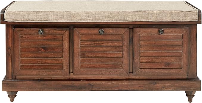 OSP Home Furnishings Dover Coastal Lift-Top Storage Bench with Shutter Face Styling, Distressed Brown Finish with Beige Linen Fabric Cushion