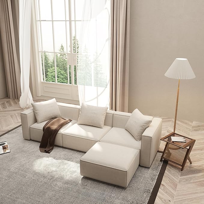 Acanva Luxury Modular Sectional Living Room Sofa Set, Modern Minimalist Style Couch with Ottoman and Chaise, L-Shape, Linen-Like Cream