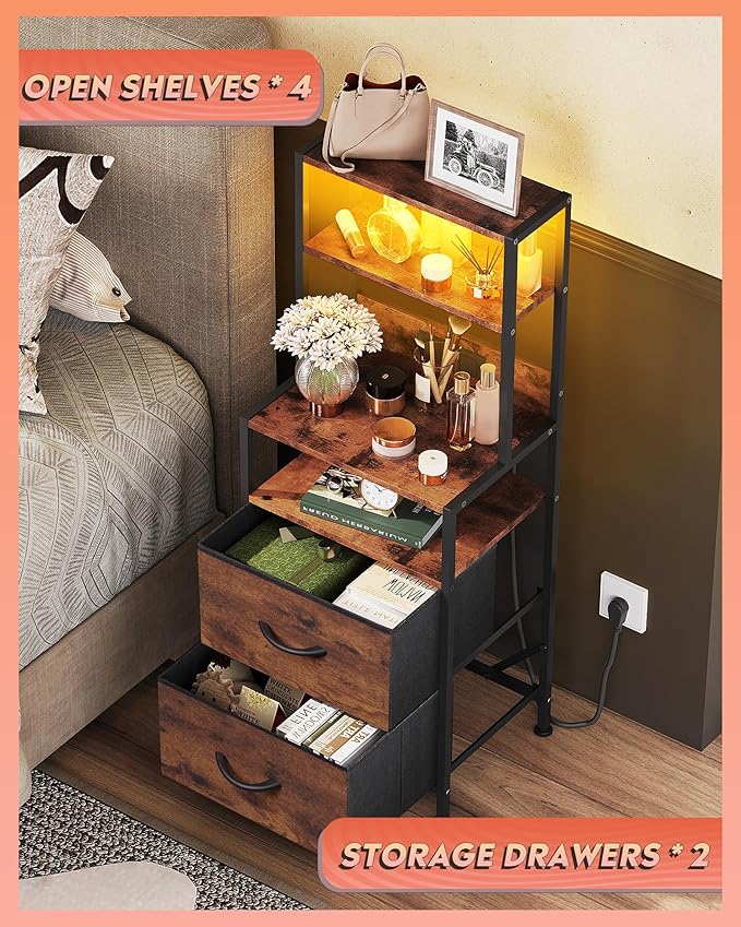 WLIVE Nightstand with Charging Station, LED Night Stand with 2 Drawers and 4 Storage Open Shelves, Fabric Dresser for Bedroom, Rustic Brown