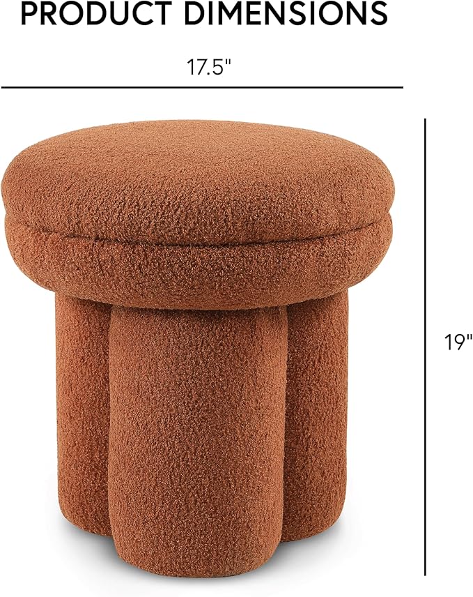 Furniture of America Rami Modern 18-inch Mushroom-Shape Upholstered Ottoman with Tri-Pillar Pedestal, Vanity Stool Chair, Small Foot Stool for Bedroom, Living Room, Entryway, Saddle Brown