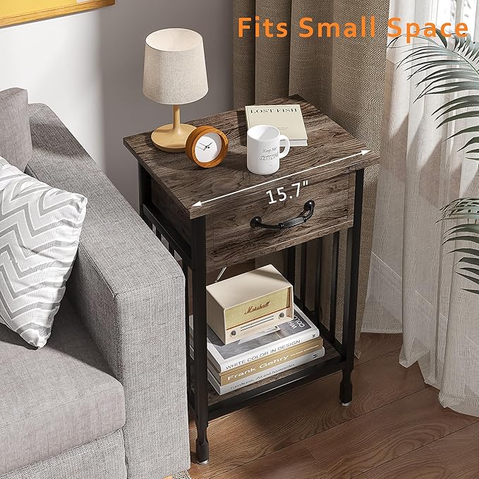 VECELO Nightstands Set of 2, Industrial Side Table/End Tables with Drawer and Storage Shelf, Night Stands for Bedroom, Living Room, Wood Metal Furniture, Easy Assembly