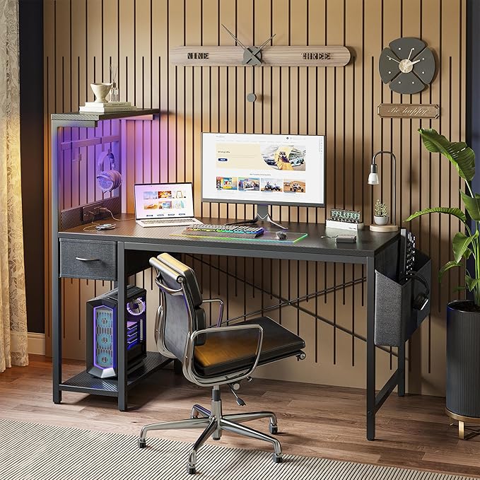 TIQLAB Gaming Desk 47 inch with Power Outlet and LED Light, Computer Desk with Reversible Shelves and Storage Drawer, Small PC Desk for Home Office Table with Bag, Carbon Fiber Black