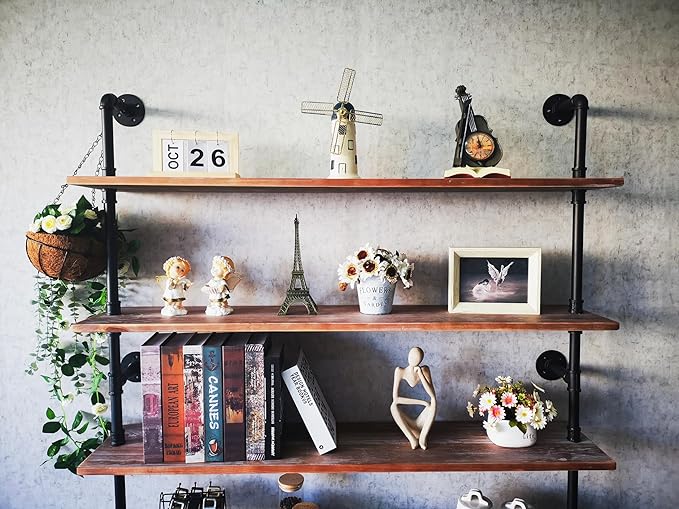 Industrial Ladder Shelves, Wall Mounted Rustic Bookshelf, Retro Wood Metal Pipe Industrial Shelves (Weathered Brown, 5 Tier - 10" D x 48" W x 70" H)
