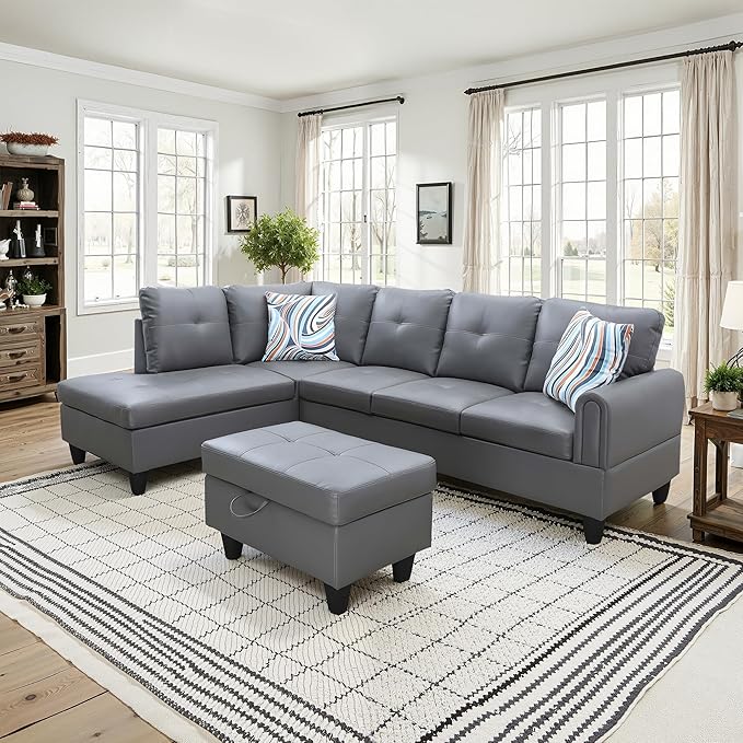 NicBex Sectional Couch 3 Pieces Sofa Set with Right Chaise Faux Leather L Shaped Cloud Couch for Living Room Furniture Sets with Storage Ottoman, Modular Sofa for Living Room & Apartment, Dark Grey