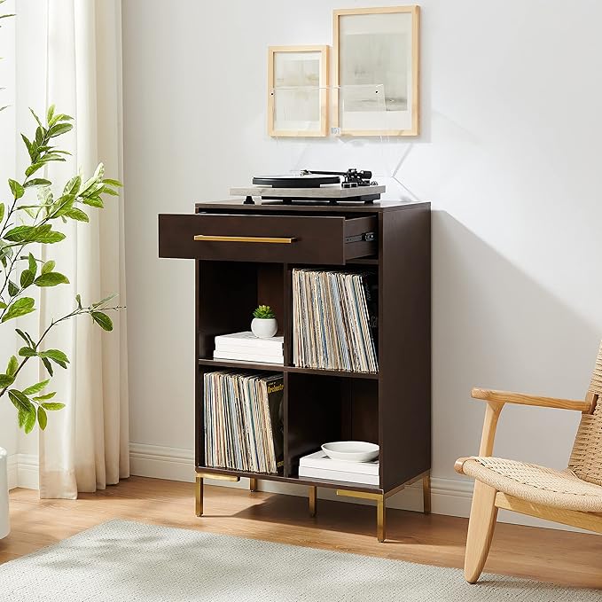 Crosley Furniture Juno Cube Bookcase and Record Player Stand with Storage for Vinyl Records, Dark Brown