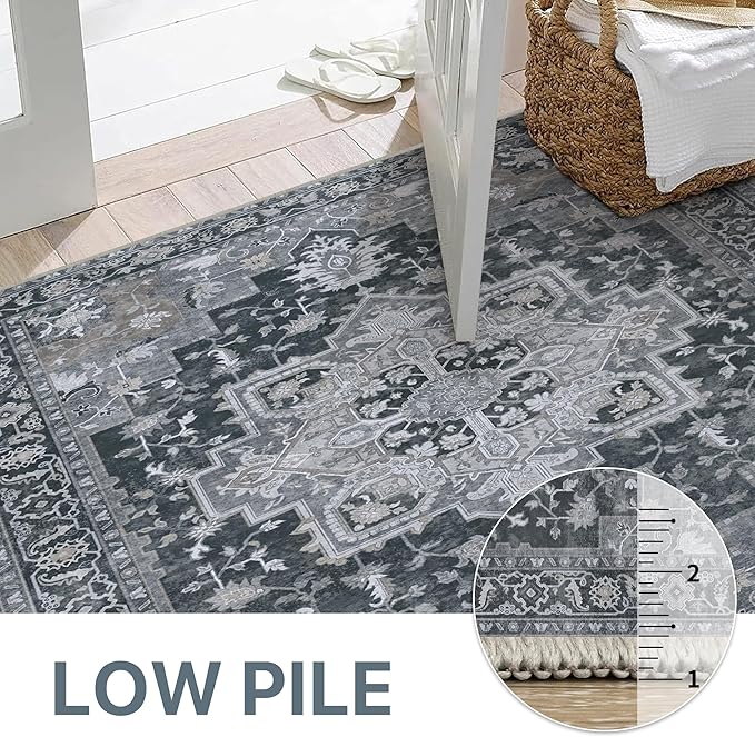 GENIMO 2'6''x14 Runner Rugs for Hallway, Machine Washable Non Slip Vintage Rugs, Low Pile Lightweight Soft Print Rug for enrtyway, Corridor, Home Office, Kitchen,Dark Gray
