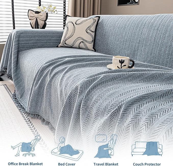 Nobildonna Sofa Cover Washable Soft Thicken Chenille Couch Cover with Tassel,Waterproof Sofa Slipcover for 3-4 Cushion Couch,Sectional Sofa,L-Shaped Furniture Protector Pet-Friendly,Dusty Blue71 x134