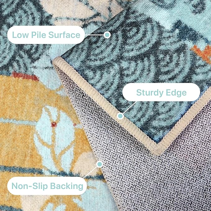 GENIMO Floral Runner Rug 2X6, Machine Washable Non Slip Vintage Patchwork Hallway Runner, Ultra-Thin Low Pile Runners for Indoor Entryway, Hallway, Kitchen and Corridor, Navy Blue