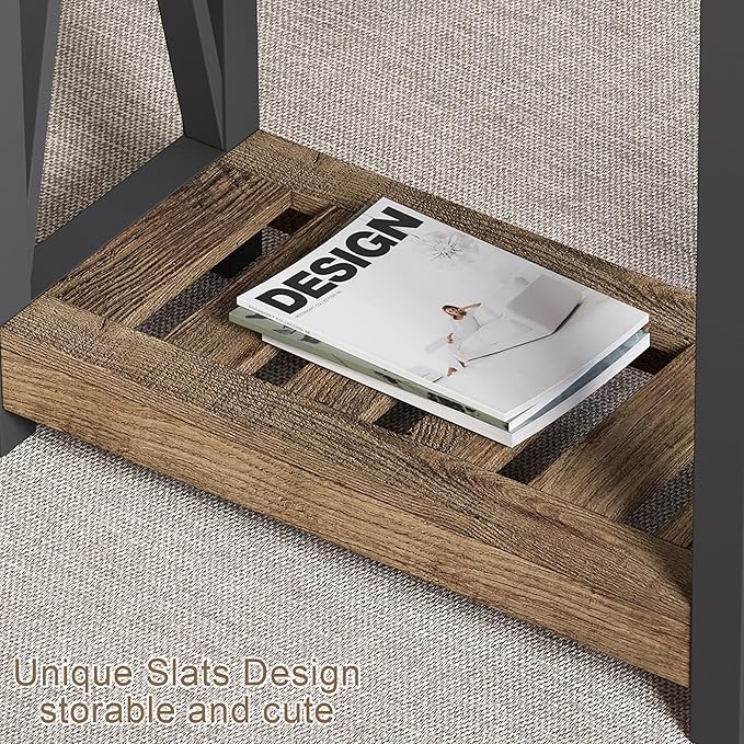 ChooChoo Farmhouse End Table, Narrow Side Table, Slim End Table with Storage Shelf for Small Spaces for Living Room, Bedroom Rustic Oak & Black