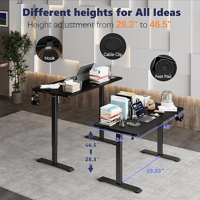 Monomi Electric Height Adjustable Standing Desk, 48x24 Inches, Ergonomic Home Office Sit/Stand Up Desk (Black Steel Frame/Black Top)