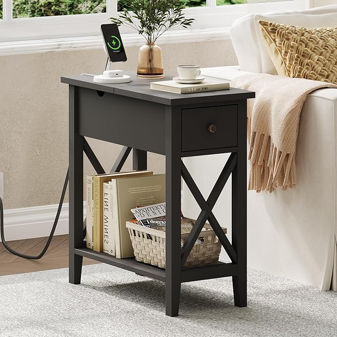 ChooChoo End Table with Charging Station, Narrow Side Table with USB Ports and Outlets, Nightstand with Drawer, for Small Spaces, Bedside Tables for Living Room Black