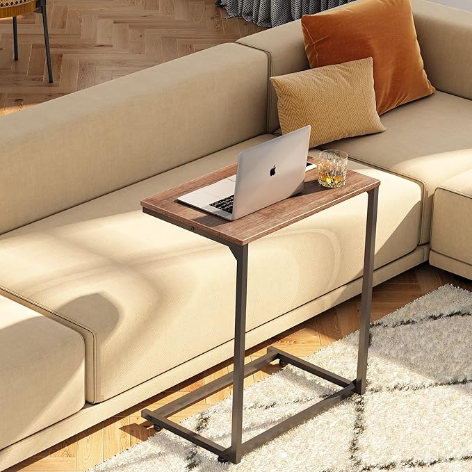 WLIVE Wide Snack Side Table, C Shaped End Table for Sofa Couch and Bed, Laptop Table, Work from Home, 26 Inch Tall, Light Brown