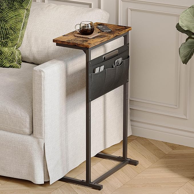 C Shaped End Table, Side Table for Sofa, Small TV Tray, Couch Table with Storage Bag for Small Space, Living Room, Bedroom, Home Office LET501R (Rustic Brown)