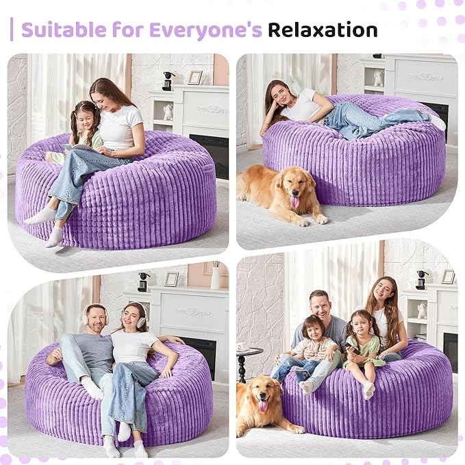 HABUTWAY 3FT Bean Bag Chair, 3' Large Bean Bag Chairs for Adults with Removable Stripe Plush Cover, Memory Foam Beanbag Chair for Living Room Bedroom Dorm (Purple)