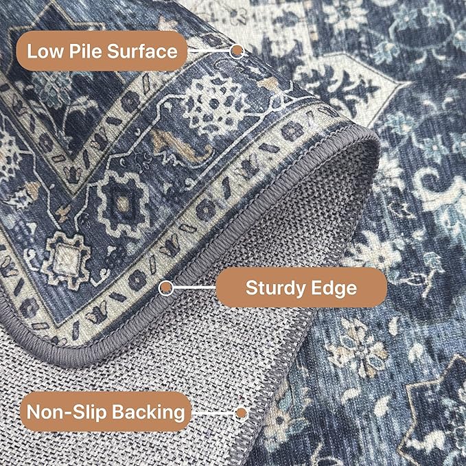 GENIMO 9x12 Area Rugs for Living Room, Machine Washable Non Slip Vintage Rugs, Low Pile Lightweight Chenille Print Rug for Bedroom, Dining Room, Home Office, Center Blue