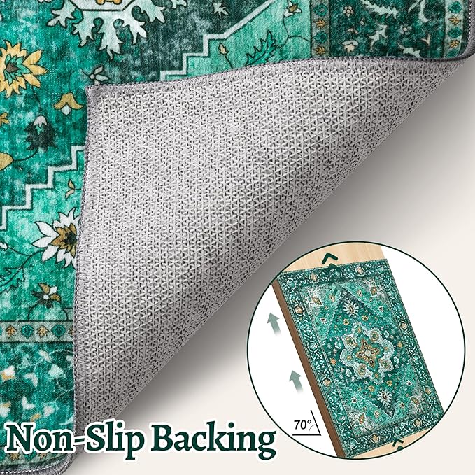 Vintage Rug 2x3 Washable Rug for Entryway, Non Slip Small Area Rug, Indoor Front Door, Print Distressed Emerald Door Mat Carpet, Soft Low Pile Rugs for Entrance Kitchen Bedroom Bathroom