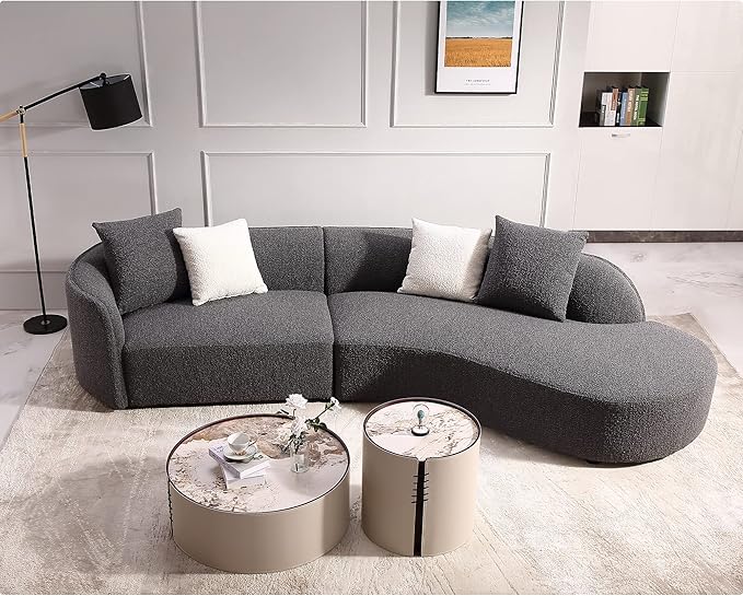 Acanva Luxury Modern Style Living Room Upholstery Curved Sofa with Chaise 2-Piece Set, Right Hand Facing Sectional, Pearl Boucle Couch, Dark Grey