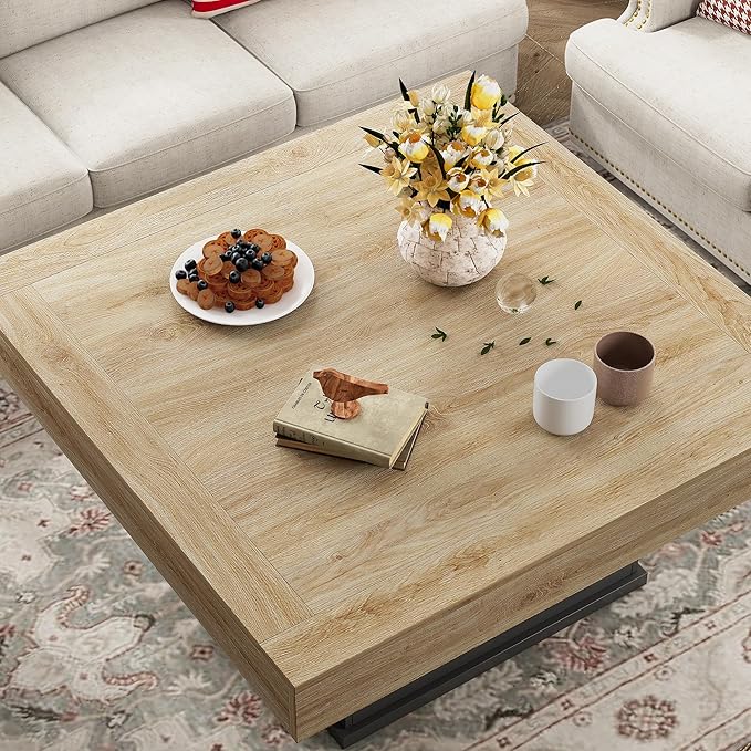 LED Coffee Tables for Living Room, Farmhouse Wood Coffee Table, 33.5" Square Coffee Table with Storage, Large Vintage Brown Center Table, Living Room Tables Cocktail Table (Natural)