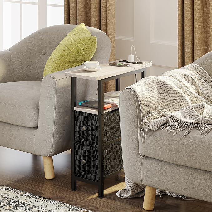 End Table Set 2 with Charging Station, Narrow Side Table with 2 Fabric Drawers, Skinny Nightstand with LED Light, Slim Bedside Table for Bedroom, Living Room, Small Spaces, Greige and Black
