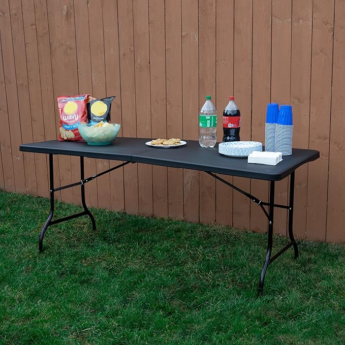 Everyday Home Folding Table - Lightweight Portable Folding Desk - 6-Foot-Long Plastic Table for Camping, Playing Cards, Parties, and Dining (Black)