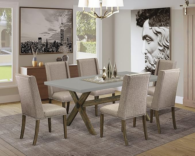 East West Furniture X797FL716-7 7 Piece Dining Table Set Consist of a Rectangle Kitchen Table with X-Legs and 6 Dark Khaki Linen Fabric Upholstered Chairs, 40x72 Inch, Multi-Color