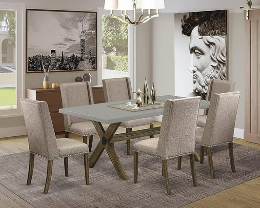 East West Furniture X797FL716-7 7 Piece Dining Table Set Consist of a Rectangle Kitchen Table with X-Legs and 6 Dark Khaki Linen Fabric Upholstered Chairs, 40x72 Inch, Multi-Color