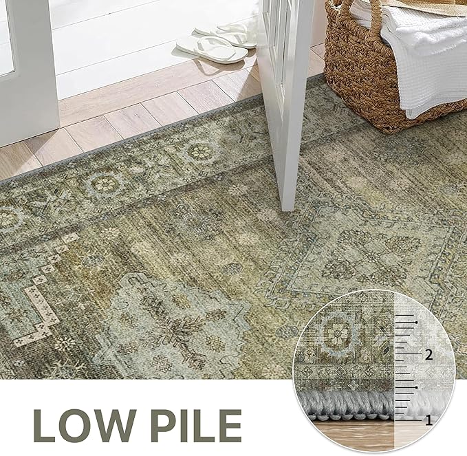 GENIMO Runner Rug 2x8 Non Slip Machine Washable Vintage Hallway Runner Rugs, Low Pile Lightweight Mat for Living Room, Entryway, Bedroom, Kitchen and Corridor, Distressed Sage