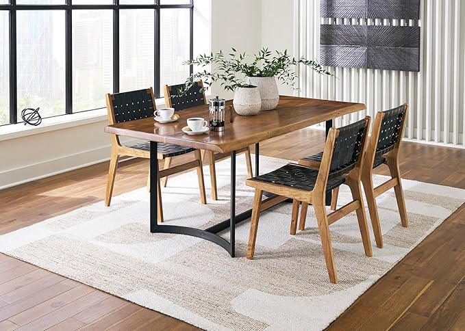 Signature Design by Ashley Fortmaine Contemporary Dining Table with Natural Live Edge, Light Brown & Black