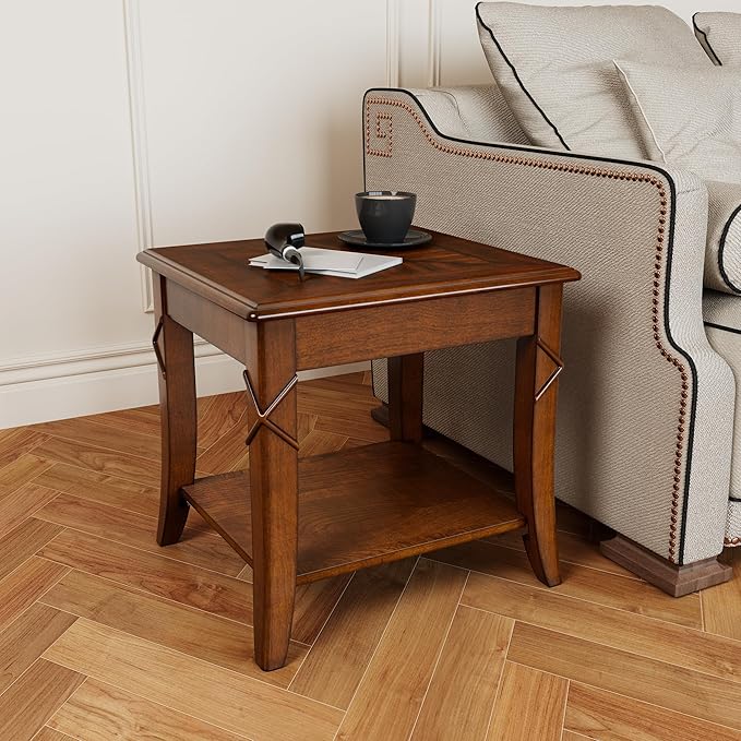 Solid Wood Side Table with Storage Shelf, Cherry Wood End Tables Living Room, Traditional Style End Table, Vintage Beside Table with Curved Legs for Apartment, Cherry Walnut Accent Table CJZ-DR200