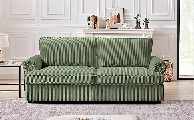 Reversible Sleeper Sofa Bed with Comfortable Memory Foam Mattress, Convertible Corduroy Full Size Pull Out Couch for Living Room, Space Saving Furniture, 72" Wide, Rounded Arms, Dark Green