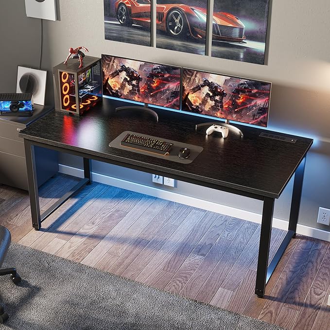 Huuger 55 x 24 inch Desk with Power Outlets & USB-C, Deeper & Thicker Desktop, Robust Metal Tubes, Computer Desk, Heavy Duty Office Desk, Work Gaming Desk for Home Office, Black