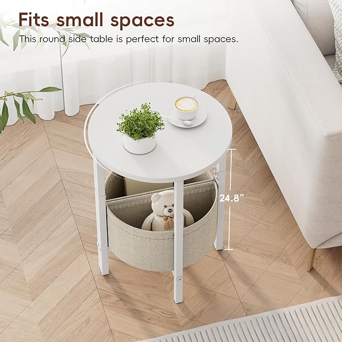 VAGUSICC Small Round Side Table End Table with Storage Basket, Tall Accent Coffee Table Round Nightstand, Set of 2 Half Round Tables Half Moon Tables, Sofa Bedside Table for Living Room Bedroom, White