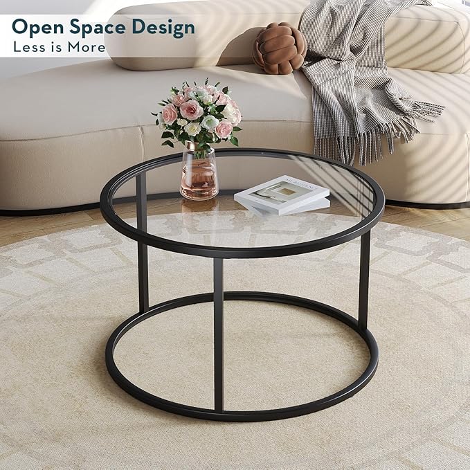 SAYGOER Round Coffee Table Glass Small Coffee Tables for Living Room, 27.6 inch Modern Center Table for Office Apartment, 5 MM Tempered Clear Glass Top, Black Metal Frame