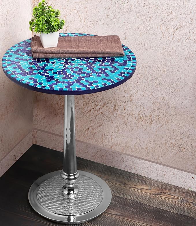 CLEENTABLE Mosaic Round End Table for Living Room & Bedroom - Artistic Coffee Side Table with Polished Aluminum Legs, Enamel-Coated Top, Lightweight Design, Easy Assembly (Blue Silver)