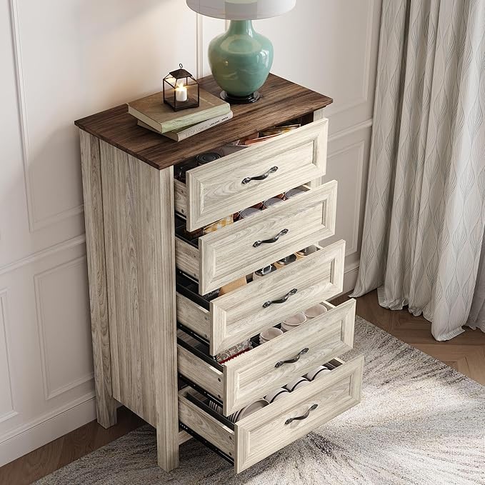 LINSY HOME Tall Dresser for Bedroom with 5 Drawers, 45" Tall Dressers & Chests of Drawers, Modern Farmhouse Large Vertical Dresser with Wood Legs for Bedroom, Closet, Living Room, Hallway, Beige